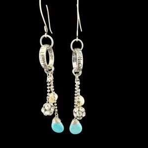 5'  Silver Dangle Earrings Turquoise Drops Faux Pearl & Crystal Accents LONG